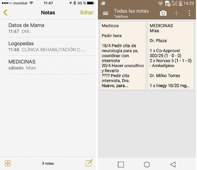 Pantallas de Menus de Notas en iPhone y Android